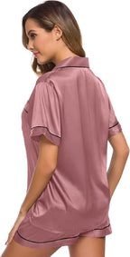 SWOMOG Womens Silk Satin Pajamas Set Short Sleeve Sleepwear Button Down Top and Shorts Loungewear 2 Piece Pjs Set XS-3XL