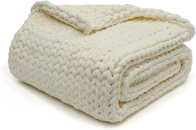 YnM Velvet Weighted Blanket, Handmade Chunky Knitted Design, Soft and Cozy, Temperature Regulating and Breathable, Machine Washable Throw for Sleep or Home Decor (Cream, 85x118 Inch, 40lbs)
