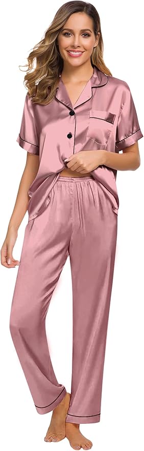 SWOMOG Women Satin Pajamas Set Short Sleeve Top & Pants Sleepwear Silky Button Down Nightwear 2pcs Loungewear Pjs Set