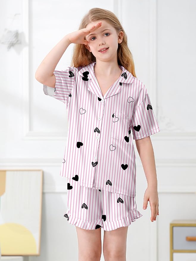 Umeyda Girls & Women Satin Pajamas Set Button Down 2 Piece Silk Pjs Shorts Set Ruffle Sleepwear, 5 Years-Women L