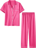 Umeyda Girls Womens Pajamas Set, Satin Silky Button Down Loungewear 2 Piece Short Sleeve Pants PJS Sets for Mommy Kids
