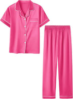 Umeyda Girls Womens Pajamas Set, Satin Silky Button Down Loungewear 2 Piece Short Sleeve Pants PJS Sets for Mommy Kids