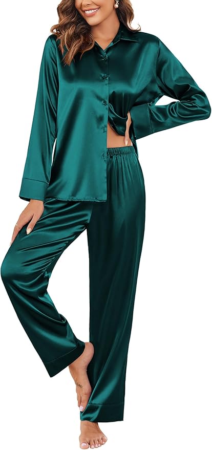 Ekouaer Women Satin Silk Pajamas Classic Long Sleeve Button Down Pjs Set Soft Loungewear