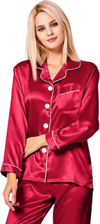 SWOMOG Womens Silk Satin Pajamas Set Long Sleeve Button Down Sleepwear 2 Piece Lounge Set Pj Set XS-3XL