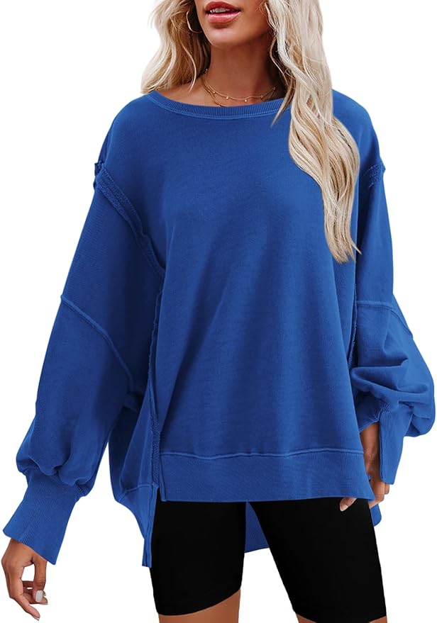 Nirovien Womens Oversized Crewneck Sweatshirt Side Slit Long Sleeve Pullover Slouchy Fit Tops
