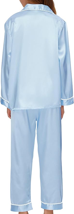 EPLAZA Kids Satin Pajamas Sets Girls Boys Button-Down Silky Pajamas Sleepwear with Hairband Eye Mask Hair Tie