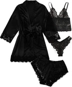 Womens Silk Pajamas Robes Set 4PACKS Sexy Pjs Cami Shorts Satin Sleepwear Lace Loungewear