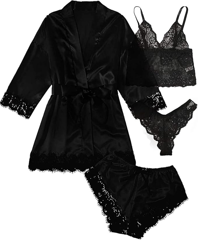 Womens Silk Pajamas Robes Set 4PACKS Sexy Pjs Cami Shorts Satin Sleepwear Lace Loungewear