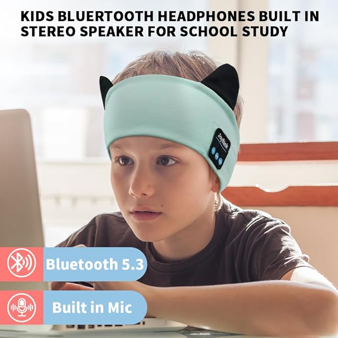 Joythink Kids Bluetooth Headband Headphones Sleep Mask Wireless Earphones Built in Thin Speaker Adjustable Sports Headset Sleep Headband for Girls Boys Toddler Children Baby Airplane Travel Study Aqua