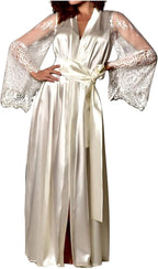 Mzkdieey Women's Floral Lace Robe Silk Kimono Bathrobe Long Bridesmaids Wedding Party Loungewear Sleepwear Dressing Gown