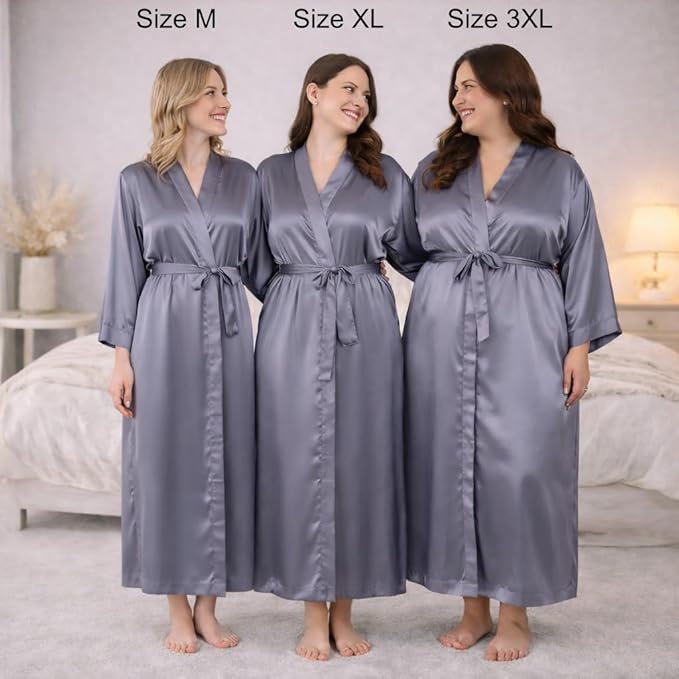 Silk Robes for Women Ankle Length Satin Kimono Robes with Belt Bridemaids Sleepwear Bachelorette Nightgown