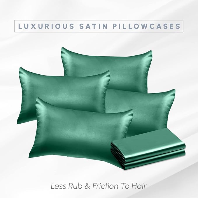 Elegant Comfort 6-Pack Hunter Green Satin Pillowcase Set with Hidden Zipper Closure, Silky Smooth for Hair and Skin Care - Standard/Queen