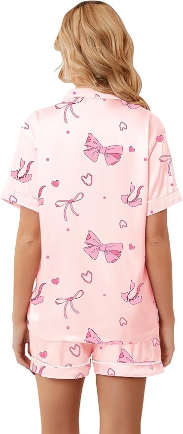 Umeyda Women & Girls Pajamas Set, Soft Satin Lightweight Silk Button-Down Top with Shorts 2 Piece PJS for Mom Boys Kids Gifts