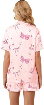 Umeyda Women & Girls Pajamas Set, Soft Satin Lightweight Silk Button-Down Top with Shorts 2 Piece PJS for Mom Boys Kids Gifts