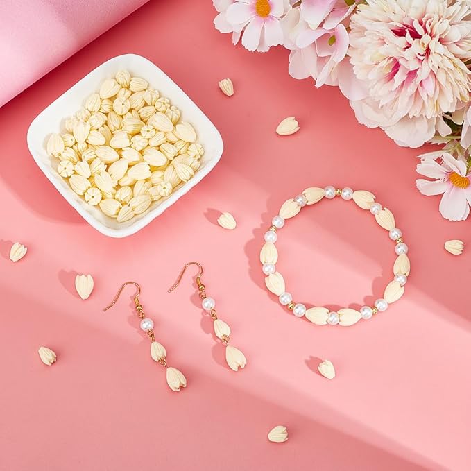 100pcs 9x11mm Pikake Flower Beads Artificial Coral Bead Summer Large Synthetic Corals Floral Shaped Shell Jasmine Bead Bulk for Jewelry Making Women Wedding Party Crafting DIY Accessories