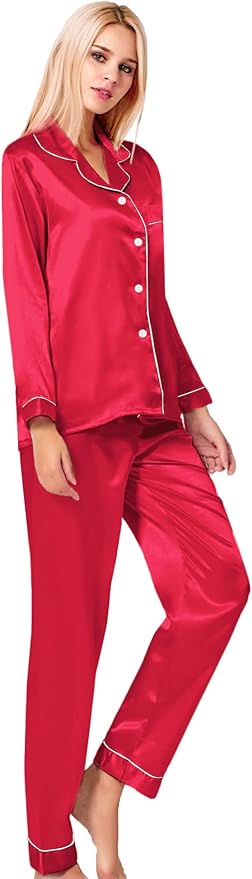 SWOMOG Womens Silk Satin Pajamas Set Long Sleeve Button Down Sleepwear 2 Piece Lounge Set Pj Set XS-3XL
