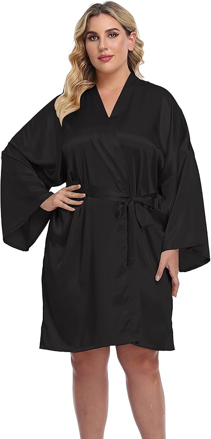 Women's Plus Size Short Silky Bathrobes Satin Kimono Robes Bride Bridesmaid Loungewear Soft Nightgown