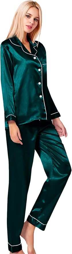 SWOMOG Womens Silk Satin Pajamas Set Long Sleeve Button Down Sleepwear 2 Piece Lounge Set Pj Set XS-3XL
