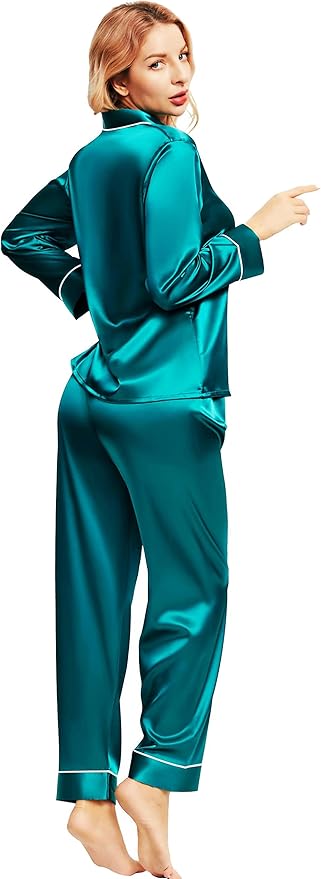SIHA Satin Silk Pajamas for Women Pajama Set With Long Sleeve Button-Down Satin Pajamas Sleepwear XS-3XL