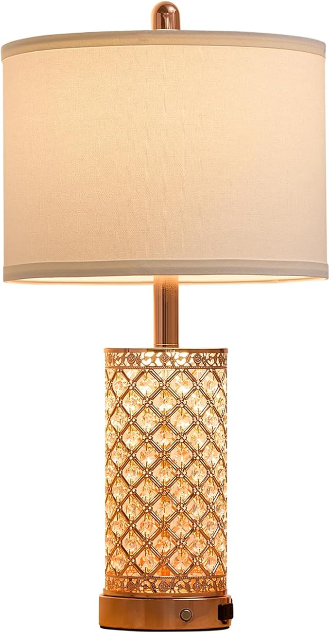 SAIWEYA Crystal Table Lamps Modern 3-Way Dimmable Bedside Lamp with 2 USB Ports & AC Outlets for Living Room Bedroom Nightstand Lamp Night Light (Rose Gold-2 Pack 24In)