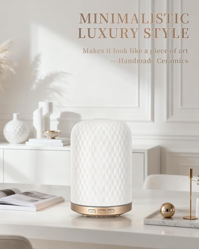 Onaboviva Essential Oil Diffuser - 2.4MHz Ultrasonic Ceramic Diffuser for Home, 120ml, Pulse&Continuous Mist, Bright/Dim/Breathing Lighting, Waterless Auto-Off, Aromatherapy Diffuser with USB Cable