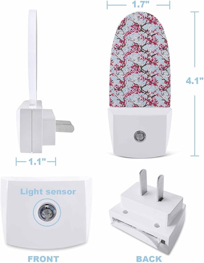 Spring White Pink Flowers Peaches Night Light Plug into Wall, Watercolor Chinese Wind Popsicle Shape Night Light Nightlight with Light Sensors for Kids Bedroom Hallway