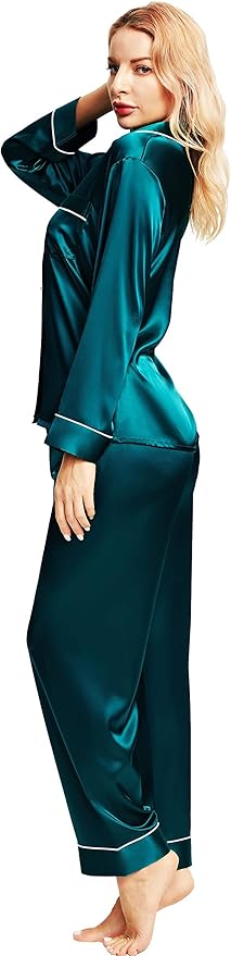 SIHA Satin Silk Pajamas for Women Pajama Set With Long Sleeve Button-Down Satin Pajamas Sleepwear XS-3XL
