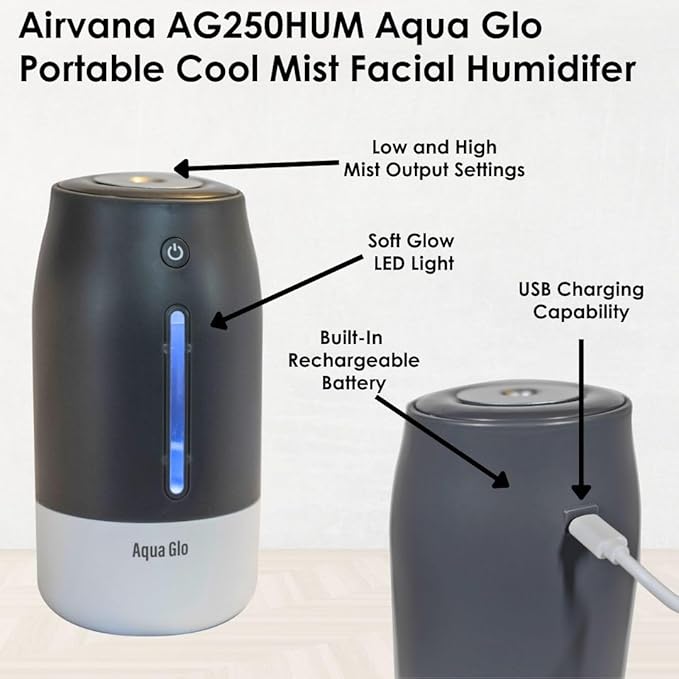 AG250HUM-V2-C Personal, Portable Humidifier – Ultrasonic Cool Mist Output with Built In Rechargeable Battery – Up to 5 Hours of Use - Charcoal