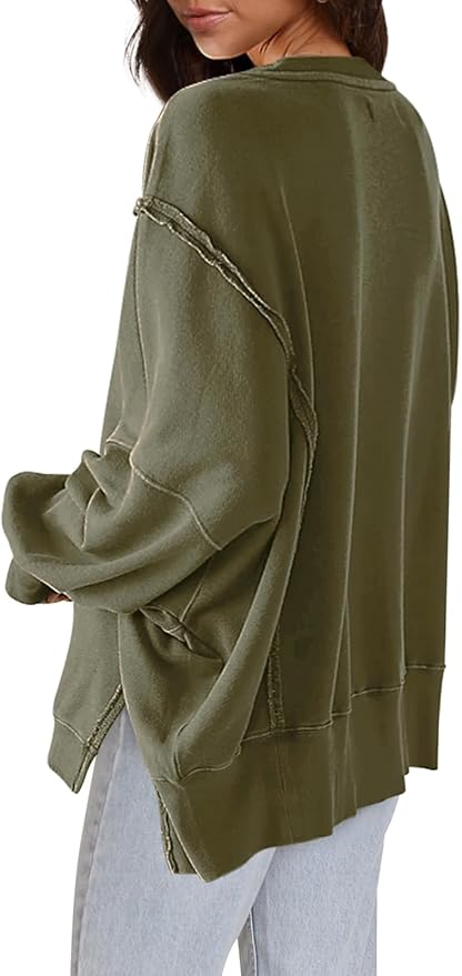 Nirovien Womens Oversized Crewneck Sweatshirt Side Slit Long Sleeve Pullover Slouchy Fit Tops