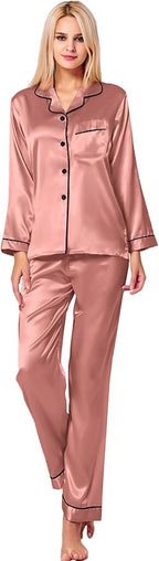SWOMOG Womens Silk Satin Pajamas Set Long Sleeve Button Down Sleepwear 2 Piece Lounge Set Pj Set XS-3XL