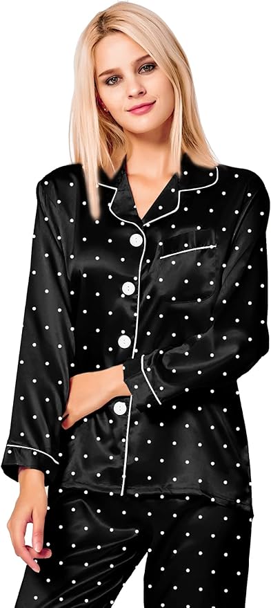 SWOMOG Womens Silk Satin Pajamas Set Long Sleeve Button Down Sleepwear 2 Piece Lounge Set Pj Set XS-3XL