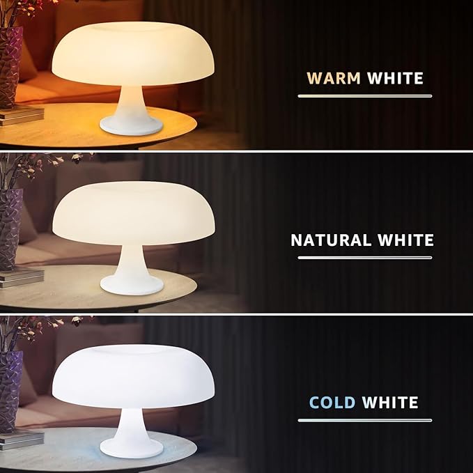 25W White Mushroom Lamp, LED Retro Table Lamp with 3 Color Temperatures and 4 Bulbs, Mid Century Modern Nightstand Light for Bedroom, Living Room, Office Aesthetic Decor, US Plug Powered, E14 Sockets