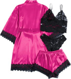 WDIRARA Women' Silk Satin Pajamas Set 4pcs Lingerie Floral Lace Cami Sleepwear with Robe