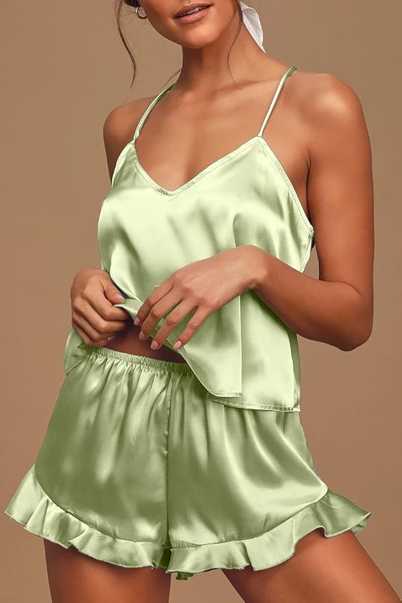 CHYRII Women's Sexy Silk Satin Ruffled Pajamas Sets Cami Shorts Sets Sleepwear