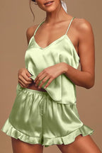 CHYRII Women's Sexy Silk Satin Ruffled Pajamas Sets Cami Shorts Sets Sleepwear
