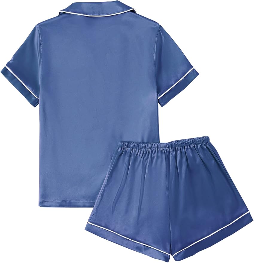 LYANER Women's Silky Satin Pajamas Set Short Sleeve Button Down Shirt With Shorts Pjs Set Sleepwear