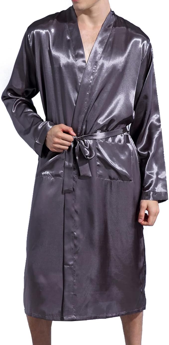 Previn Men's Satin Kimono Robe Long Spa Bathrobes Luxurious Silk Long Sleeve Loungewear