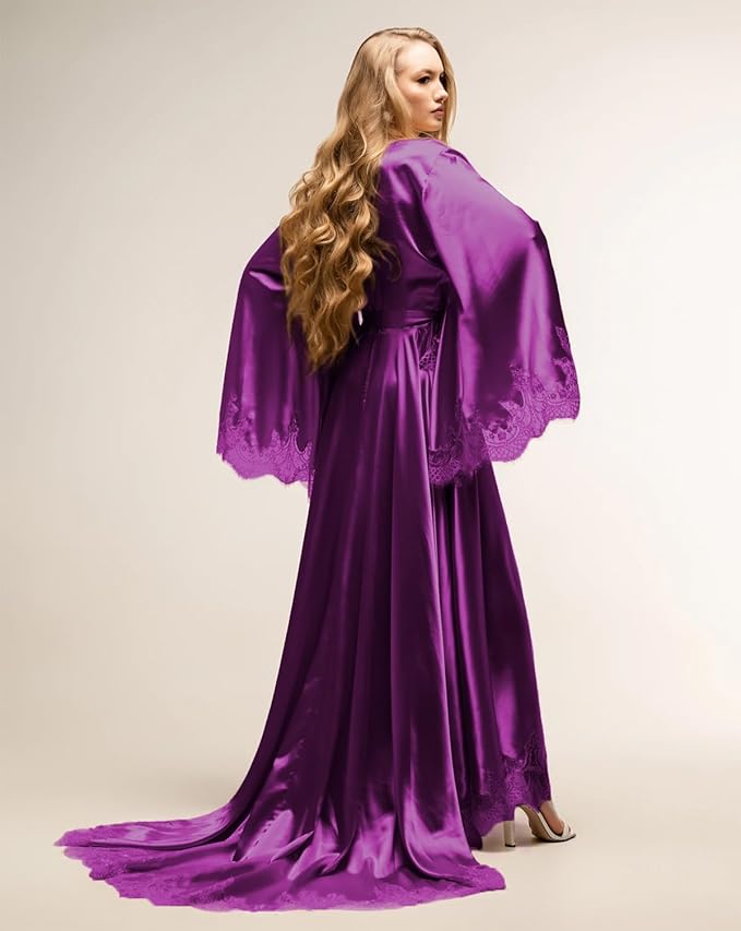 BATHGOWN Women's Satin Robe Black Silk Kimono Bride Robe for Wedding Day Lightweight Long Lace Loungewear Sleepwear