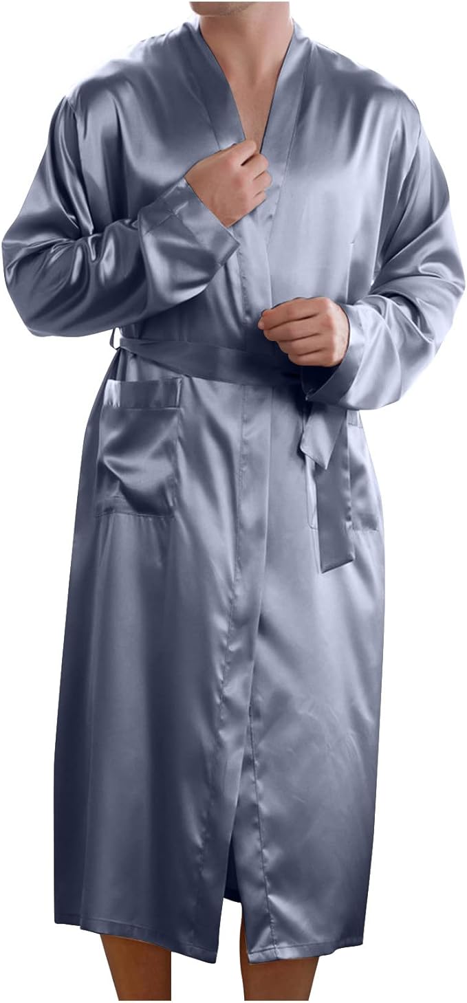 Men's Satin Robe Silky Bathrobe Soft Comfy Casual Bathrobe Fashion Comfy Solid Color Long Loungewear with Pocket