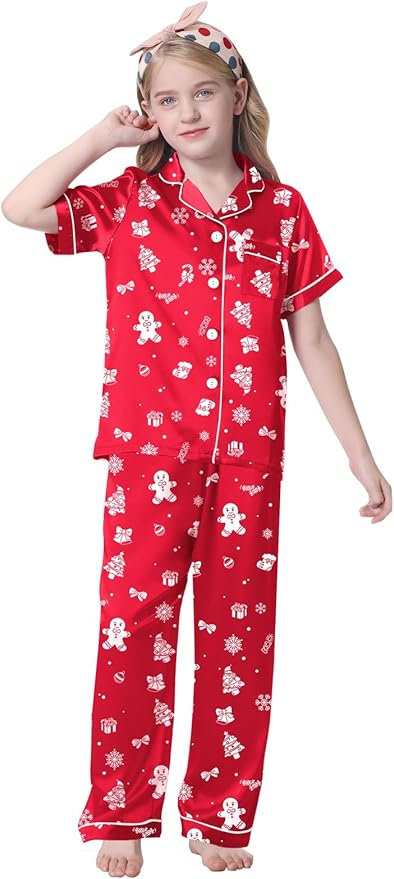 Umeyda Girls Womens Pajamas Set, Satin Silky Button Down Loungewear 2 Piece Short Sleeve Pants PJS Sets for Mommy Kids