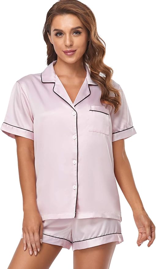 Serenedelicacy Women's Satin Pajama Set 2-Piece Sleepwear Loungewear Button Down Short Sleeve Silky PJ Set