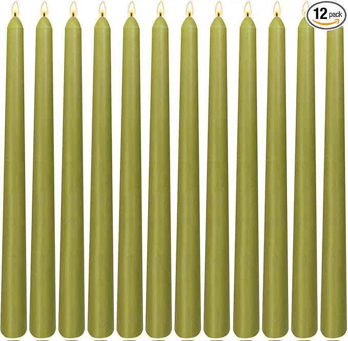 12-Pack Olive Green Taper Candles, 10 Inch Unscented Dripless Candlesticks, Long-Lasting Burn Time of 7-8 Hours, Perfect for Christmas Home Décor Spring and St. Patrick's Day