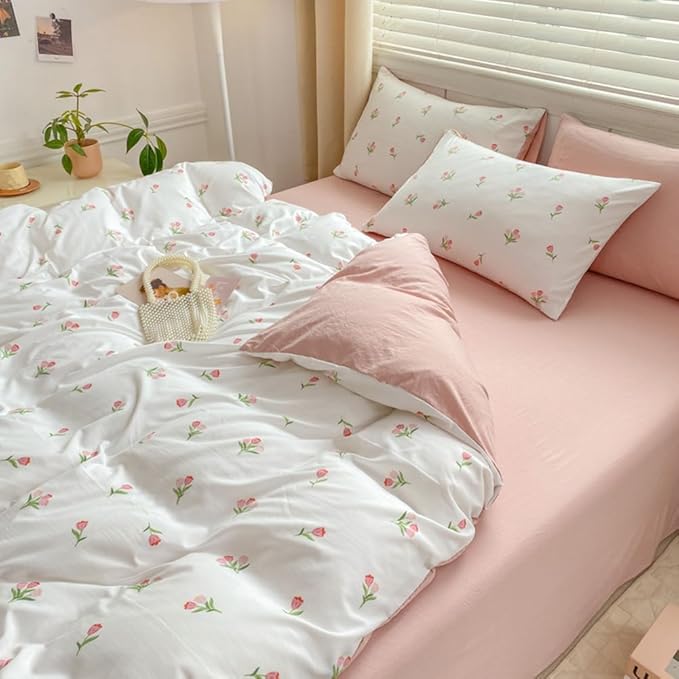 Nayoroom Pink Floral Duvet Cover Twin Size Coquette Tulip Printed on White Reversible Comforter Cover 2Pcs Kids Girls Cottagecore Bedding Set with Zipper Closure Soft Breathable Microfiber