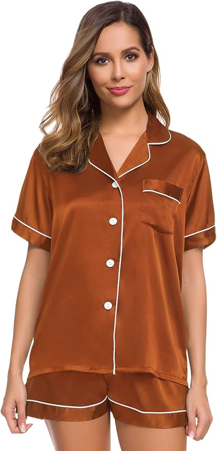 SWOMOG Womens Silk Satin Pajamas Set Short Sleeve Sleepwear Button Down Top and Shorts Loungewear 2 Piece Pjs Set XS-3XL