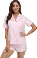 Serenedelicacy Women's Satin Pajama Set 2-Piece Sleepwear Loungewear Button Down Short Sleeve Silky PJ Set