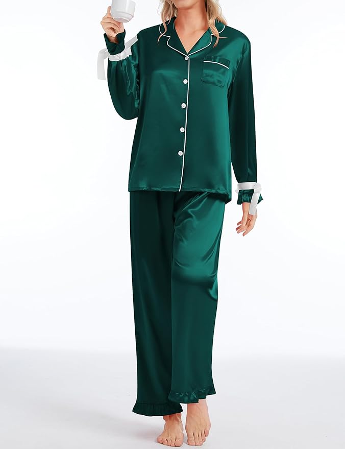 SWOMOG Womens Silk Satin Pajamas Set Long Sleeve Button Down Sleepwear 2 Piece Lounge Set Pj Set XS-3XL
