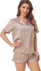 Serenedelicacy Women's Satin Pajama Set 2-Piece Sleepwear Loungewear Button Down Short Sleeve Silky PJ Set