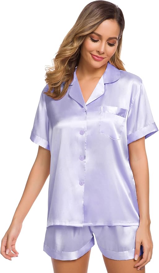 SWOMOG Womens Silk Satin Pajamas Set Short Sleeve Sleepwear Button Down Top and Shorts Loungewear 2 Piece Pjs Set XS-3XL