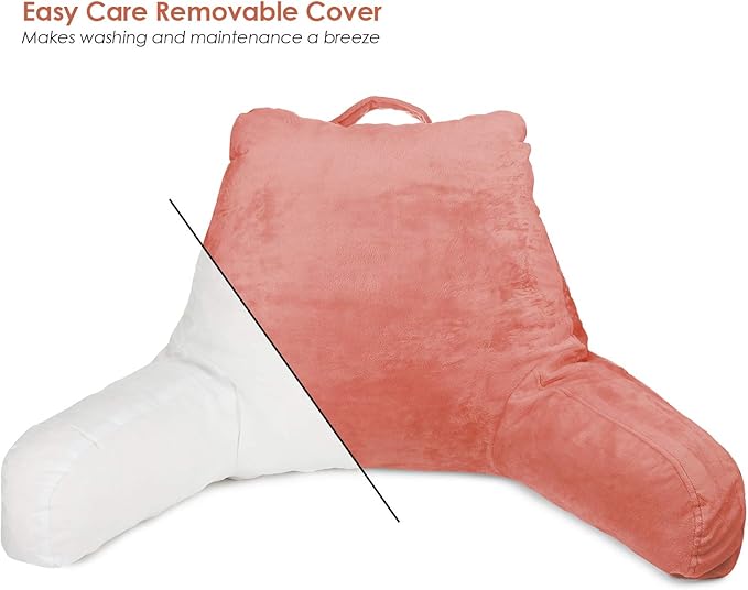 Clara Clark Reading Pillow with Shredded Memory Foam for Sitting Up in Bed and Couch, Back and Arms Adjustable Support for Adults & Teens Backrest Pillows for Reading, with Washable Cover Misty Rose