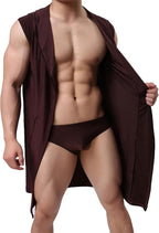 Lu's Chic Men's Silk Kimono Robe Hooded Bathrobe Sleeveless Lightweight Sleepwear Pajamas